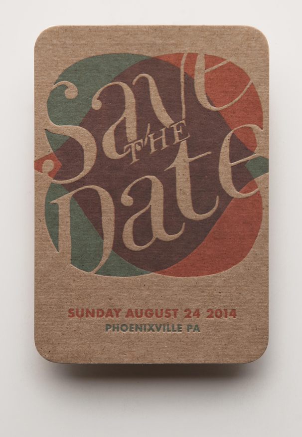 The front of the postcard -- two interlocking hearts inscribed with a big hand-lettered Save the Date.