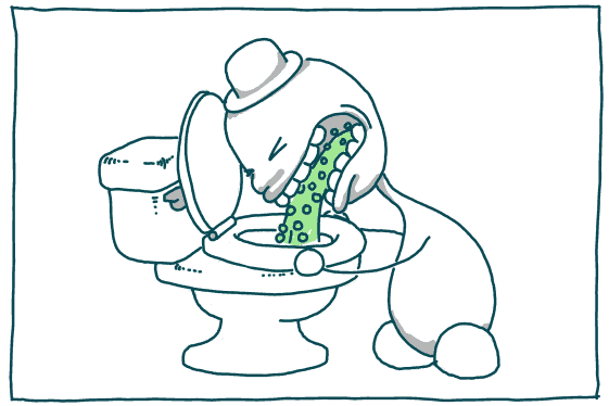 little man barfing peas into toilet
