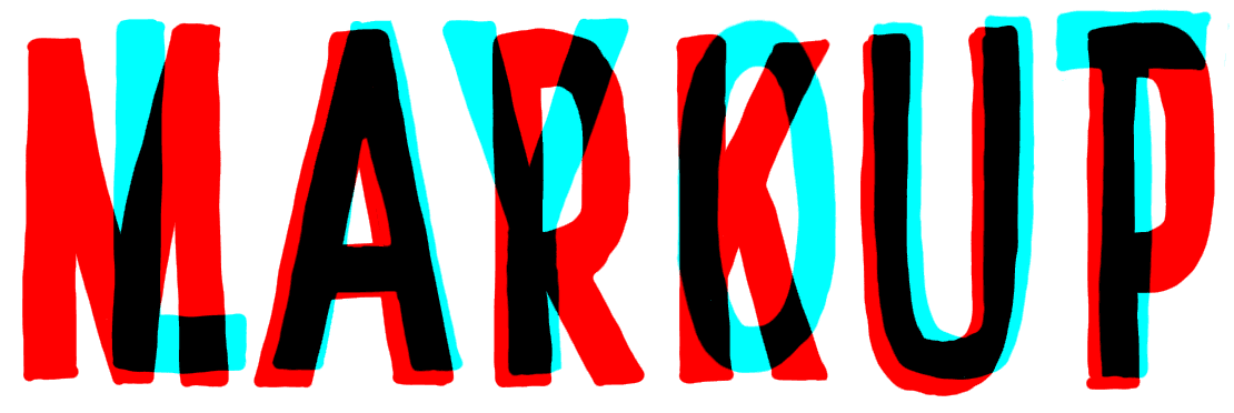 The words “MARKUP” and “LAYOUT” written on top of one another in red and cyan.