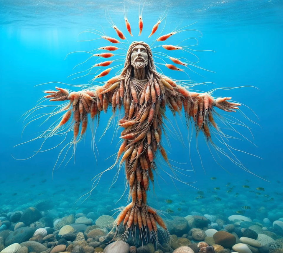 An AI-generated full-body portrait of Jesus, except he is standing under water and is made of hundreds (thousands?) of shrimp.