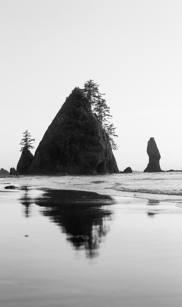 A large triangular rock formation (aka haystack) sticking out of the surf, photographed from a beach. The haystack has a couple of trees growing out of it, has a narrow smaller formation next to it, and is reflected in the wet sand.