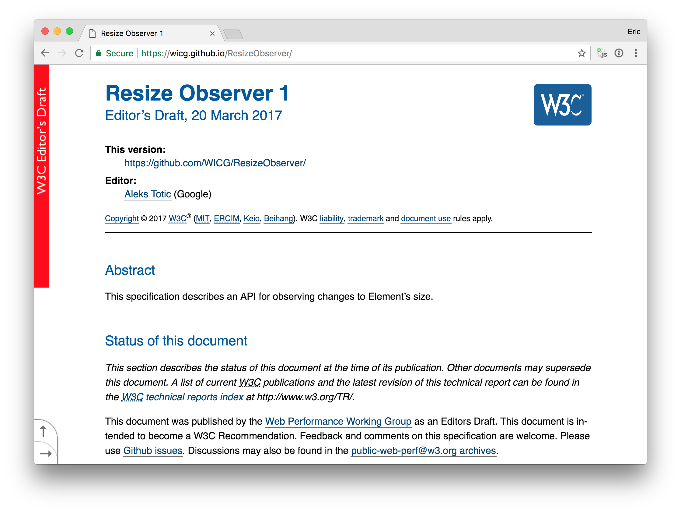 A screenshot of the ResizeObserver spec