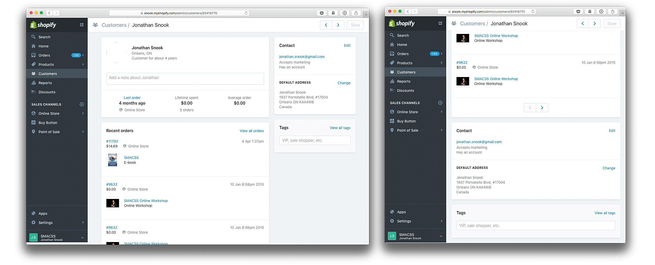 Two screenshots of the Shopify admin page, showing how it responsively adapts