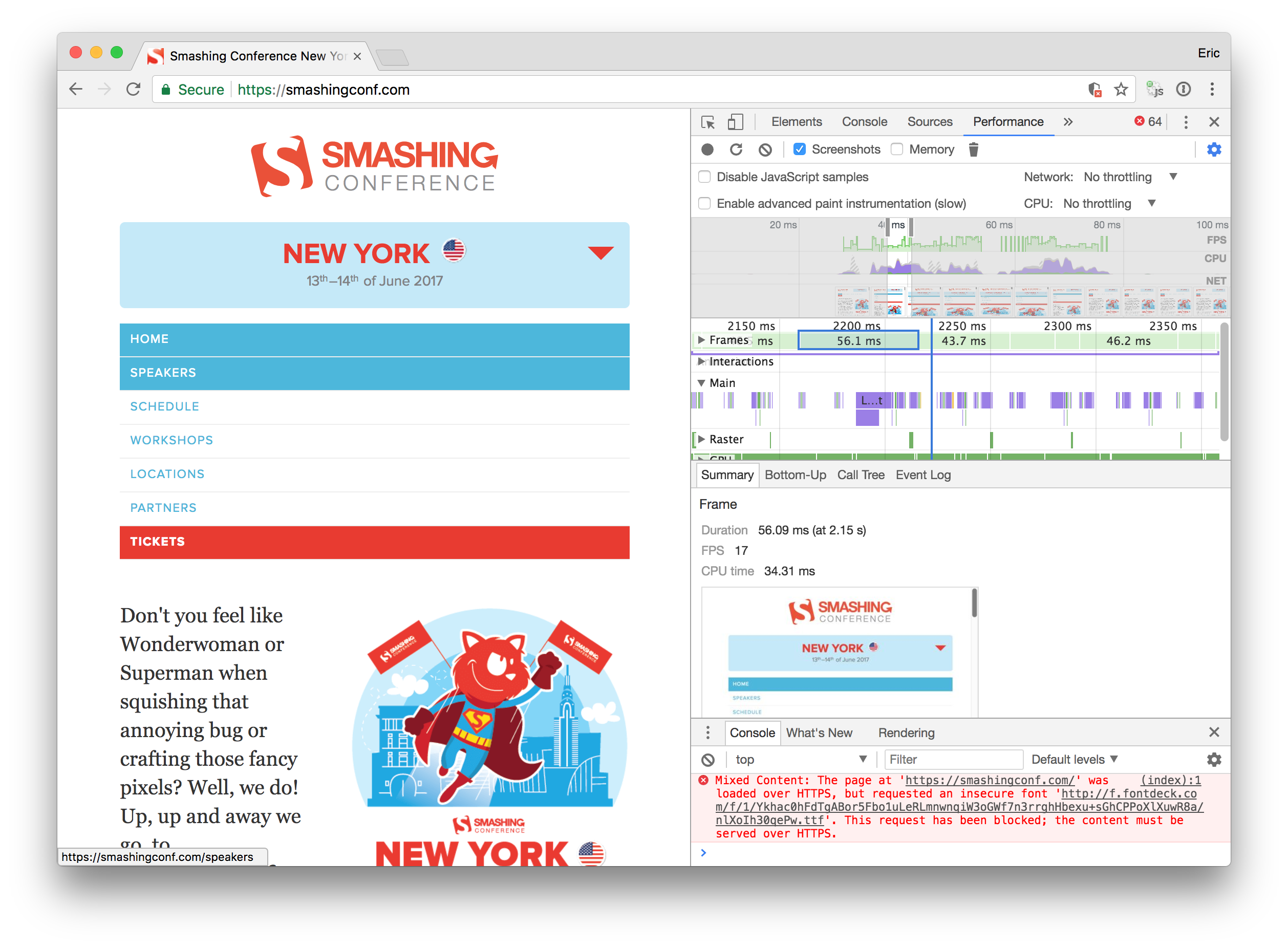 A screenshot of smashingconf.com with the dev tools open